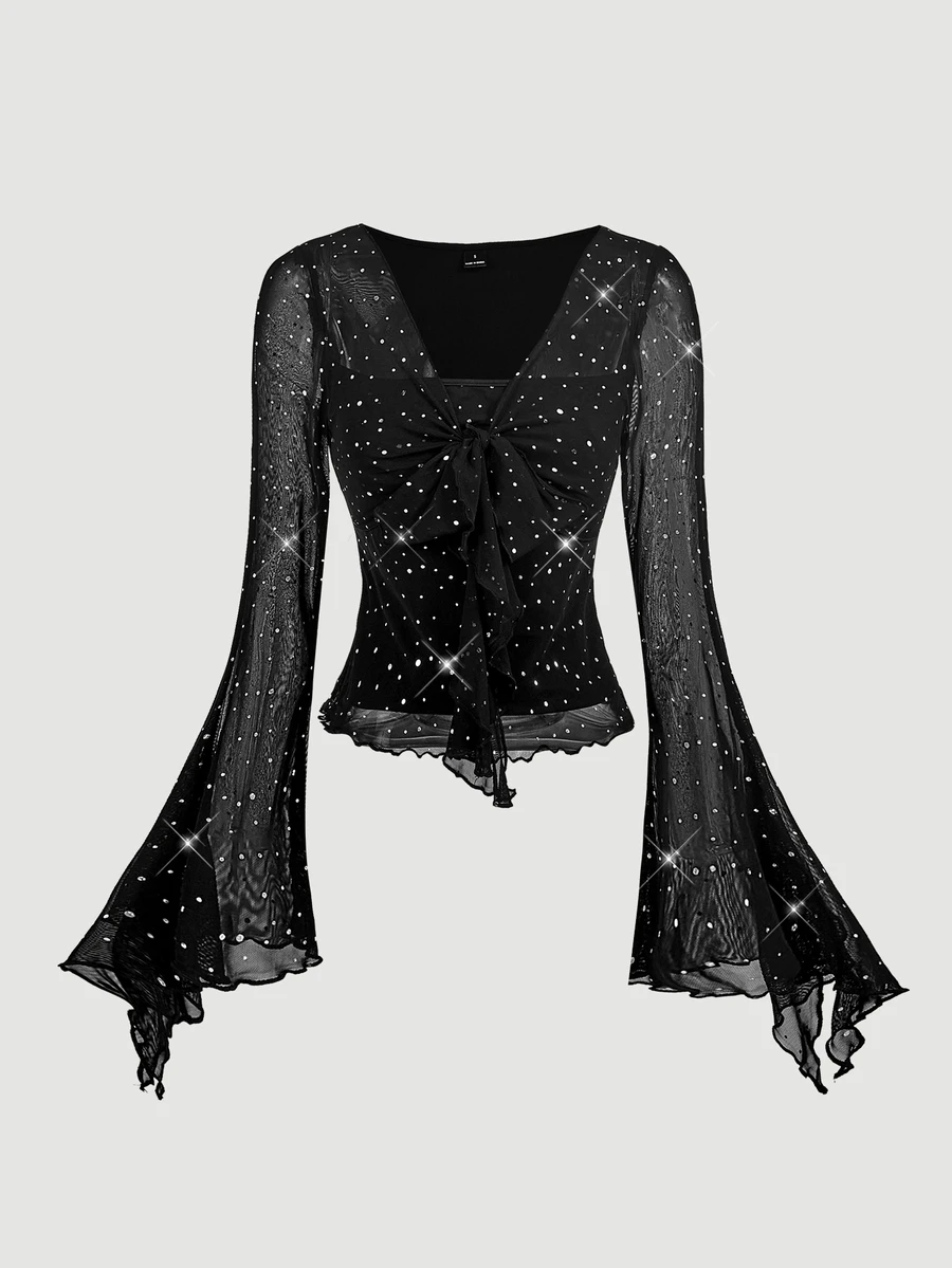 SHEIN MOD 時尚黑色閃亮網紗上衣女款,修身繫帶前襟與優雅喇叭袖設計,適合夜晚穿著,哥德風上衣,萬聖節襯衫 - 黑色 - 查看 1