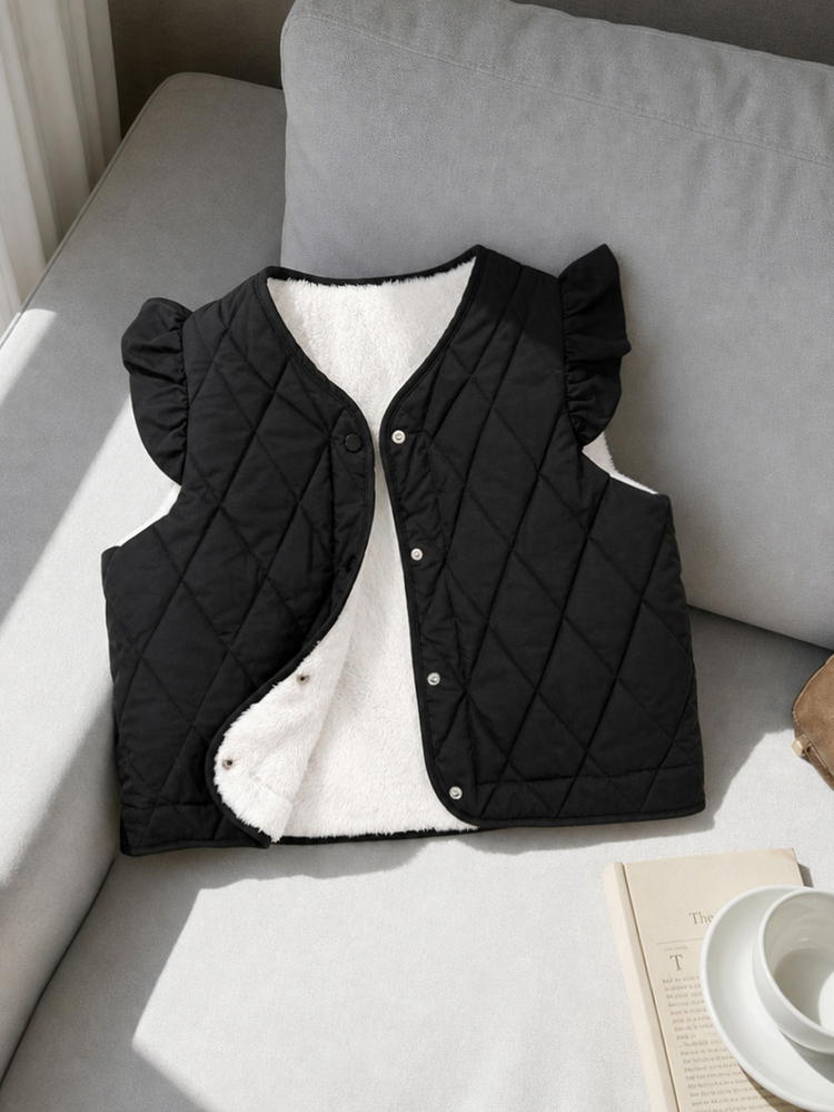 Girls' Corduroy Vest, Vintage Cute Cool Girl Autumn/Winter Versatile Piece High Neck Zipper Sleeveless Padded Black Fabric School Club - Black - View 7