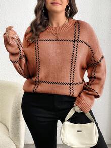 Elenzga Sweater Pullover Kasual Wanita Ukuran Besar Motif Kotak-kotak Leher Bulat Bahu Longgar untuk Musim Dingin - Redwood - View 3