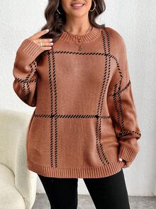 Elenzga Sweater Pullover Kasual Wanita Ukuran Besar Motif Kotak-kotak Leher Bulat Bahu Longgar untuk Musim Dingin - Redwood - View 4