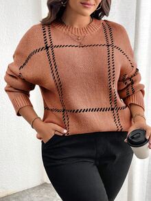 Elenzga Sweater Pullover Kasual Wanita Ukuran Besar Motif Kotak-kotak Leher Bulat Bahu Longgar untuk Musim Dingin - Redwood - View 6