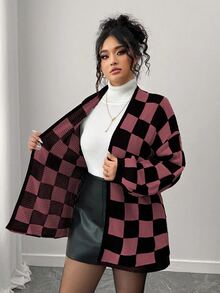 Elenzga 秋冬時尚休閒拼色拼接棋盤格女款長袖寬鬆顯瘦大尺碼開襟衫，外出上衣，度假、派對適用 - 紫羅蘭色 - 查看 8
