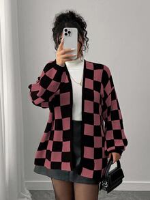Elenzga 秋冬時尚休閒拼色拼接棋盤格女款長袖寬鬆顯瘦大尺碼開襟衫，外出上衣，度假、派對適用 - 紫羅蘭色 - 查看 5