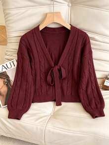 GlowEve CURVE Plus Size Women's Autumn/Winter Gentle Holiday Style Long Sleeve Solid Burgundy Cable Knit Cardigan With Bow, Suitable For Casual Daily Wear And Other Occasions - Burgundy - View 4