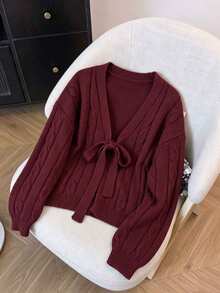 GlowEve CURVE Plus Size Women's Autumn/Winter Gentle Holiday Style Long Sleeve Solid Burgundy Cable Knit Cardigan With Bow, Suitable For Casual Daily Wear And Other Occasions - Burgundy - View 2