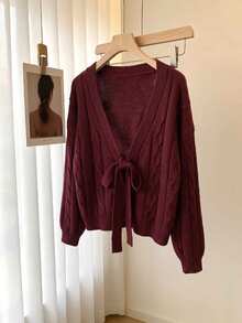 GlowEve CURVE Plus Size Women's Autumn/Winter Gentle Holiday Style Long Sleeve Solid Burgundy Cable Knit Cardigan With Bow, Suitable For Casual Daily Wear And Other Occasions - Burgundy - View 5