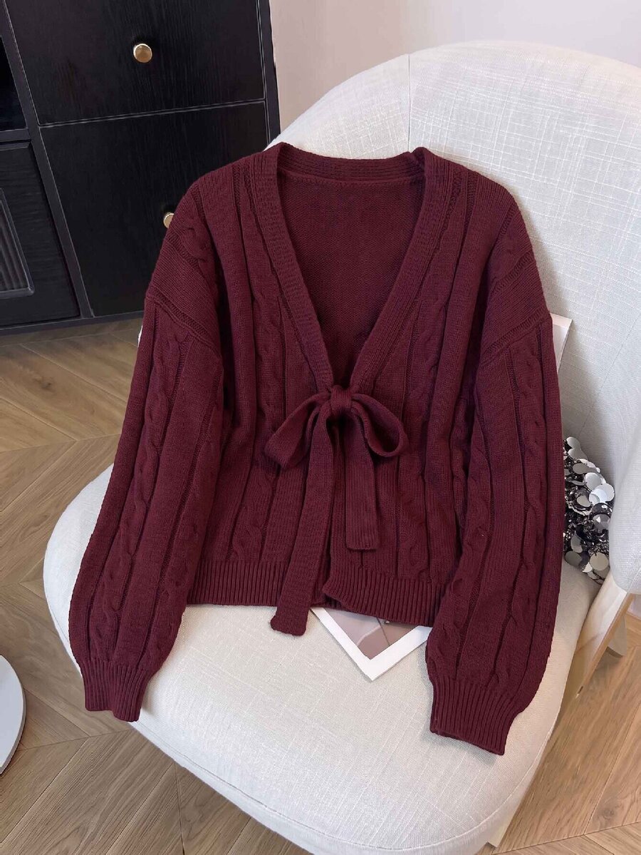 GlowEve CURVE Plus Size Women's Autumn/Winter Gentle Holiday Style Long Sleeve Solid Burgundy Cable Knit Cardigan With Bow, Suitable For Casual Daily Wear And Other Occasions - Burgundy - View 1