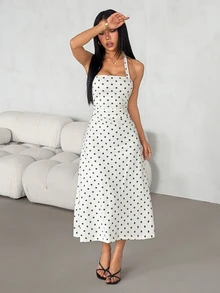 SHEIN PETITE Women's White And Black Polka Dot Pattern Women's Halter Long Dress,Vacation White And Black Polka Dot Summer 70s Retro Retro Vintage,Petite Women - Multicolor - View 7