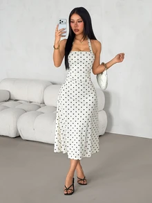 SHEIN PETITE Women's White And Black Polka Dot Pattern Women's Halter Long Dress,Vacation White And Black Polka Dot Summer 70s Retro Retro Vintage,Petite Women - Multicolor - View 4