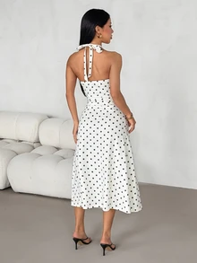 SHEIN PETITE Women's White And Black Polka Dot Pattern Women's Halter Long Dress,Vacation White And Black Polka Dot Summer 70s Retro Retro Vintage,Petite Women - Multicolor - View 2