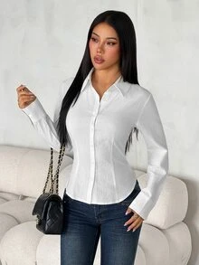 SHEIN PETITE Women's Solid Color Button Front Long Sleeve Casual Blouse ,White Shirt,100% Cotton,Petite Women - White - View 3