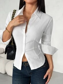 SHEIN PETITE Women's Solid Color Button Front Long Sleeve Casual Blouse ,White Shirt,100% Cotton,Petite Women - White - View 5