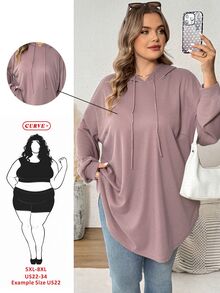 SHEIN CURVE+ Plus Size Women Solid Color Hooded Drawstring Asymmetric Hem Sweatshirt, Autumn/Winter Fall - Dusty Pink - View 8