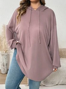 SHEIN CURVE+ Plus Size Women Solid Color Hooded Drawstring Asymmetric Hem Sweatshirt, Autumn/Winter Fall - Dusty Pink - View 6