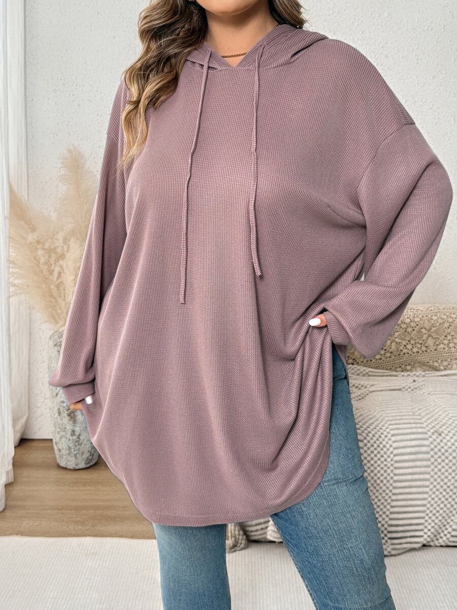 SHEIN CURVE+ Plus Size Women Solid Color Hooded Drawstring Asymmetric Hem Sweatshirt, Autumn/Winter Fall - Dusty Pink - View 1