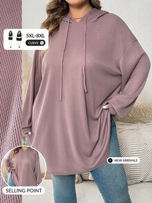 SHEIN CURVE+ Plus Size Women Solid Color Hooded Drawstring Asymmetric Hem Sweatshirt, Autumn/Winter Fall - Dusty Pink - View 4
