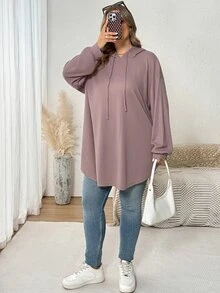 SHEIN CURVE+ Plus Size Women Solid Color Hooded Drawstring Asymmetric Hem Sweatshirt, Autumn/Winter Fall - Dusty Pink - View 5