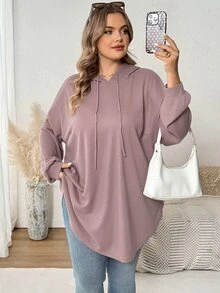 SHEIN CURVE+ Plus Size Women Solid Color Hooded Drawstring Asymmetric Hem Sweatshirt, Autumn/Winter Fall - Dusty Pink - View 7