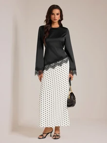 SHEIN Tall Two Pieces Set For Tall Muslim Women: Black Top With Lace Detailing And A Polka-Dot Skirt. - Black and White - View 6