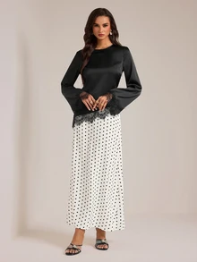 SHEIN Tall Two Pieces Set For Tall Muslim Women: Black Top With Lace Detailing And A Polka-Dot Skirt. - Black and White - View 5