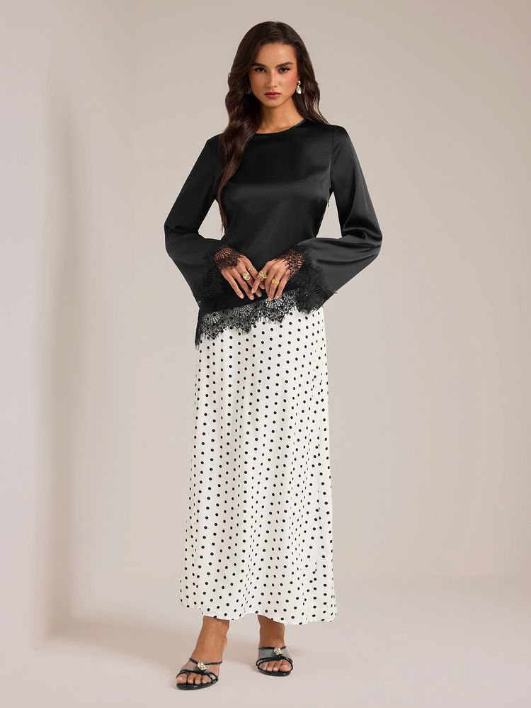 SHEIN Tall Two Pieces Set For Tall Muslim Women: Black Top With Lace Detailing And A Polka-Dot Skirt. - Black and White - View 5