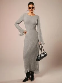 COSMINA Gaun Rajut Kasual Wanita Warna Polos dengan Desain Rumbai - Grey - View 4