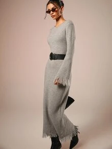 COSMINA Gaun Rajut Kasual Wanita Warna Polos dengan Desain Rumbai - Grey - View 2