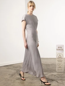 KÆRIA Hus Marel Bias Cut Midi Dress - Tercel Blend - Gray - Summer, Wedding Office Brunch, Party, Elegant Modest Chic Minimalist, French, Formal - Grey - View 1