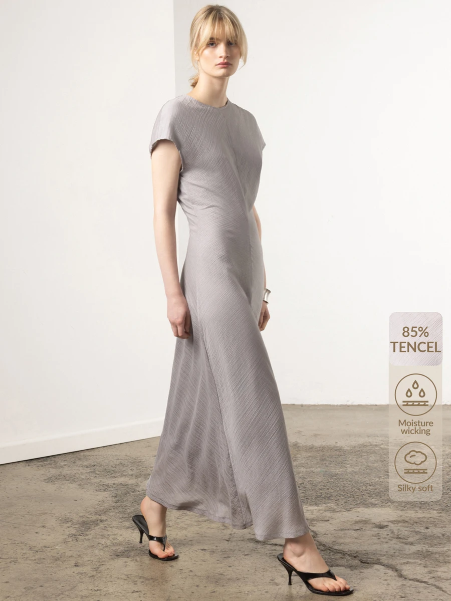 KÆRIA Hus Marel Bias Cut Midi Dress - Tercel Blend - Gray - Summer, Wedding Office Brunch, Party, Elegant Modest Chic Minimalist, French, Formal - Grey - View 1