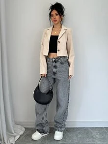 Elenzga 女款咖啡棕色短版單排扣長袖西裝外套 - 杏色 - 查看 3