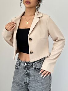 Elenzga 女款咖啡棕色短版單排扣長袖西裝外套 - 杏色 - 查看 5