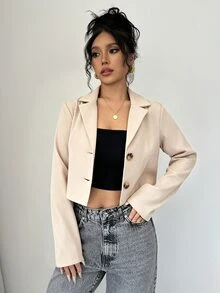 Elenzga 女款咖啡棕色短版單排扣長袖西裝外套 - 杏色 - 查看 1