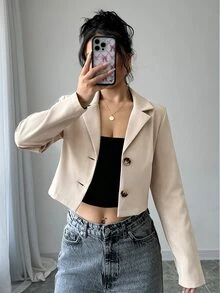 Elenzga 女款咖啡棕色短版單排扣長袖西裝外套 - 杏色 - 查看 4