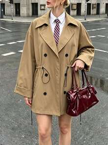 SHEIN LUNE Women's Fall Khaki Lapel Drawstring Design Loose Flattering Slimming Waist-Cinching Wide Sleeve Commuter Office Everyday Casual Classic Jacket - Khaki - View 8
