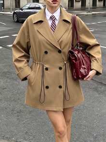 SHEIN LUNE Women's Fall Khaki Lapel Drawstring Design Loose Flattering Slimming Waist-Cinching Wide Sleeve Commuter Office Everyday Casual Classic Jacket - Khaki - View 7