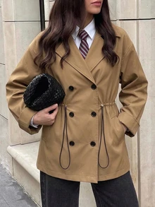 SHEIN LUNE Women's Fall Khaki Lapel Drawstring Design Loose Flattering Slimming Waist-Cinching Wide Sleeve Commuter Office Everyday Casual Classic Jacket - Khaki - View 5