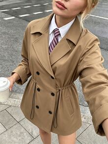 SHEIN LUNE Women's Fall Khaki Lapel Drawstring Design Loose Flattering Slimming Waist-Cinching Wide Sleeve Commuter Office Everyday Casual Classic Jacket - Khaki - View 3
