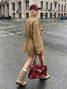 SHEIN LUNE Women's Fall Khaki Lapel Drawstring Design Loose Flattering Slimming Waist-Cinching Wide Sleeve Commuter Office Everyday Casual Classic Jacket - Khaki - View 2
