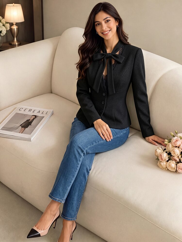 GlowEve Women's Solid Color Lace Knot Button-Down Overcoat - Black - View 5