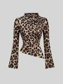 Balvessa Kaos Motif Leopard dengan Kerah Corong Berkerut dan Hem Asimetris - MultiWarna - View 3