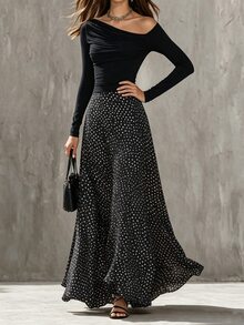 Glimmora Women's Spring/Autumn New French Vacation Style Asymmetrical Shoulder Long Sleeve Patchwork Retro Polka Dot Slim Fit Fashion Commute Dress - Black - View 5