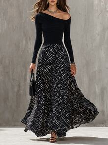 Glimmora Women's Spring/Autumn New French Vacation Style Asymmetrical Shoulder Long Sleeve Patchwork Retro Polka Dot Slim Fit Fashion Commute Dress - Black - View 1
