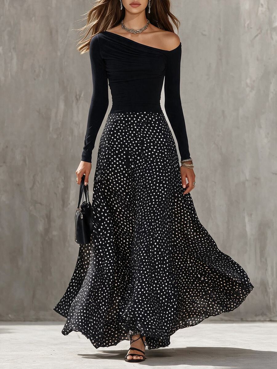 Glimmora Women's Spring/Autumn New French Vacation Style Asymmetrical Shoulder Long Sleeve Patchwork Retro Polka Dot Slim Fit Fashion Commute Dress - Black - View 1