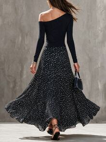 Glimmora Women's Spring/Autumn New French Vacation Style Asymmetrical Shoulder Long Sleeve Patchwork Retro Polka Dot Slim Fit Fashion Commute Dress - Black - View 2