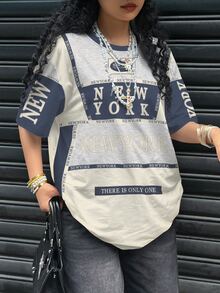 Rovax 超大宽松纽约字母印花复古休闲女式T恤，街头风 - 彩色 - 查看 4