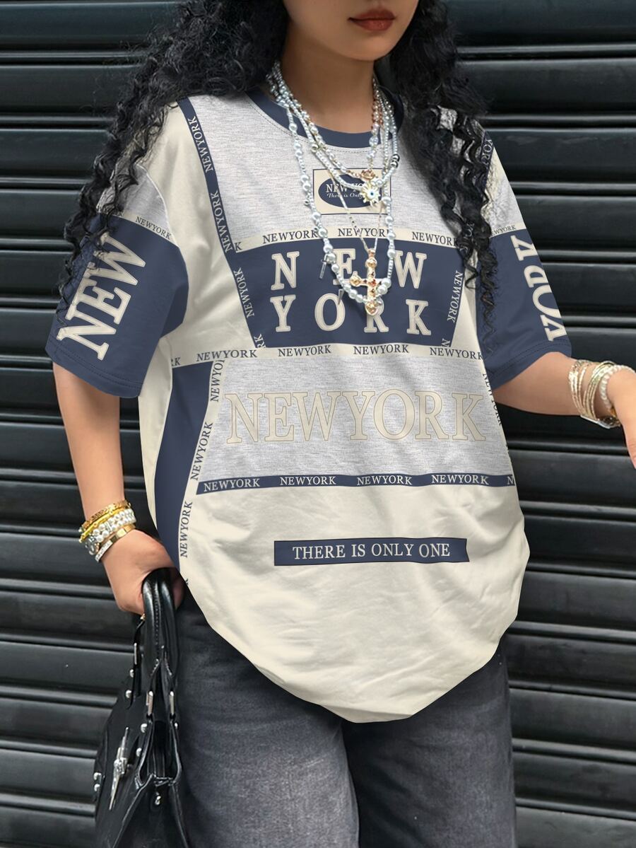 Rovax 超大宽松纽约字母印花复古休闲女式T恤,街头风 - 彩色 - 查看 1