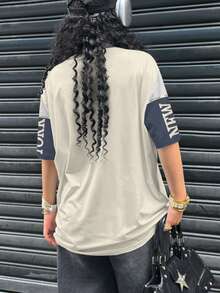 Rovax 超大宽松纽约字母印花复古休闲女式T恤，街头风 - 彩色 - 查看 2