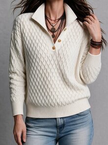 SHEIN 秋季/辦公室早午餐日常穿搭 菱格紋粗針編織翻領套頭毛衣，落肩寬鬆版型 素色 女款 奶油白 休閒 - 杏色 - 查看 4