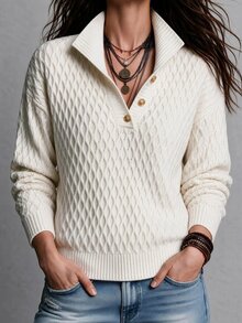 SHEIN 秋季/辦公室早午餐日常穿搭 菱格紋粗針編織翻領套頭毛衣，落肩寬鬆版型 素色 女款 奶油白 休閒 - 杏色 - 查看 3