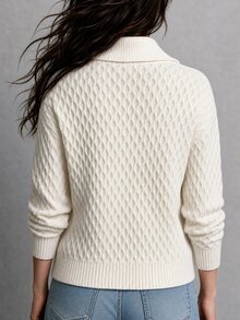 SHEIN 秋季/辦公室早午餐日常穿搭 菱格紋粗針編織翻領套頭毛衣，落肩寬鬆版型 素色 女款 奶油白 休閒 - 杏色 - 查看 2